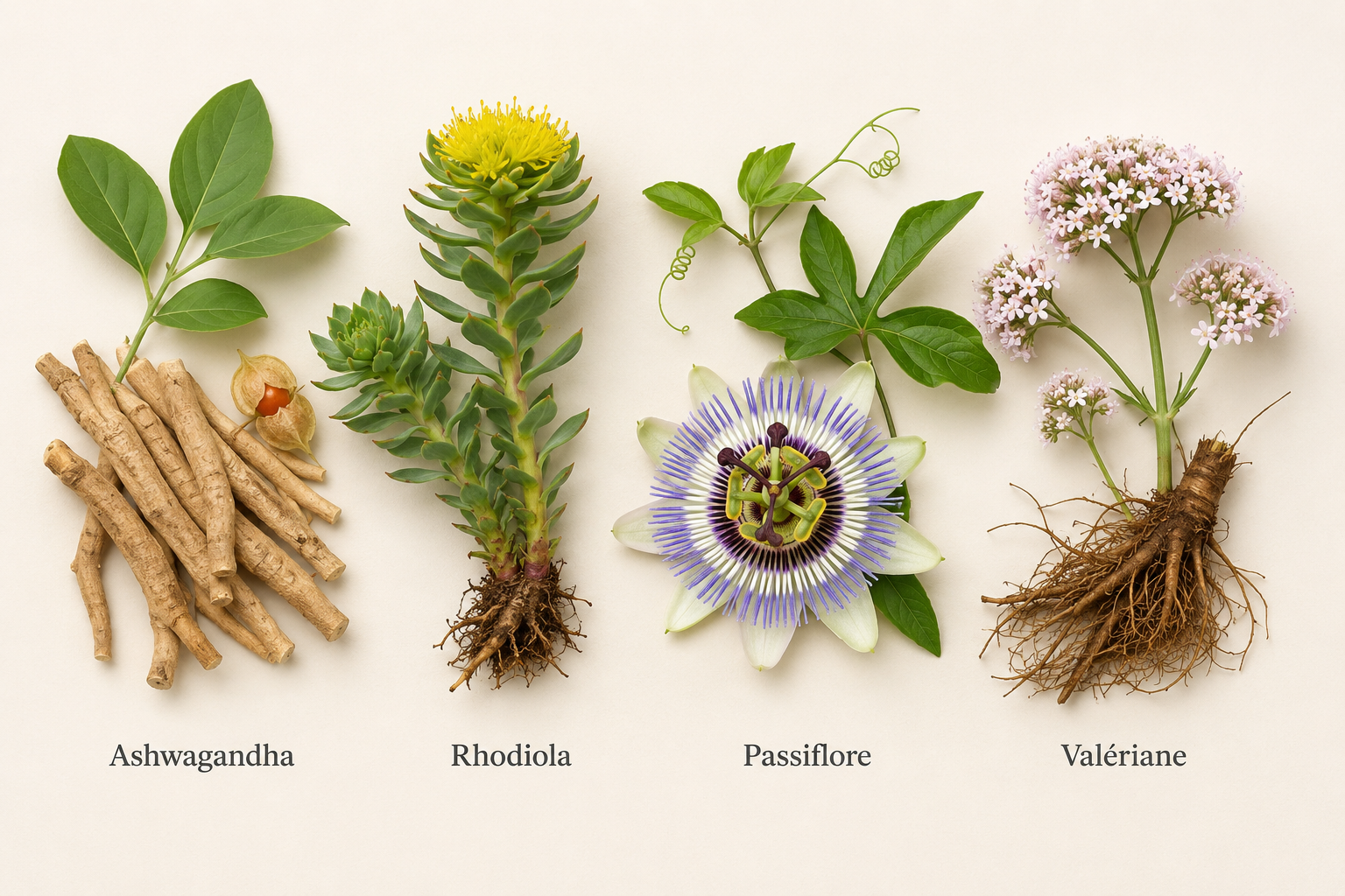 Plantes médicinales : passiflore, valériane, rhodiola, ashwagandha